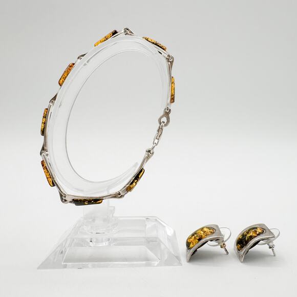 Vintage Baltic Amber Sterling Silver Semi Hoop Post Earrings and Bracelet Set - Picture 13 of 13